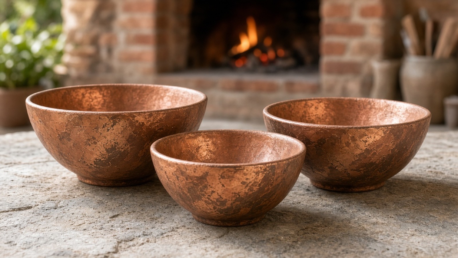 Three copper-glazed bowls